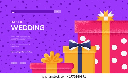 wedding gifts concept flyer, web banner, ui header, enter site. Thin line icon style concept design. Grain texture and noise effect. Place for text, place for copying.