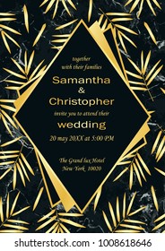 Wedding glamorous invitation floral card with gold geometric frame and bamboo leaves on black marble background. Fashion greenery A4 greeting invite with watercolor effect. Template with text place.