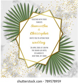 Wedding glamorous invitation floral card with gold geometric frame and palm leaves on marble background. Fashion greenery botanical greeting invite with watercolor effect. Template with text place.