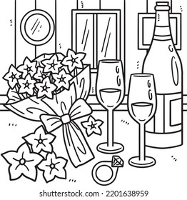 Wedding Glass of Wine, Ring and Flowers Coloring 