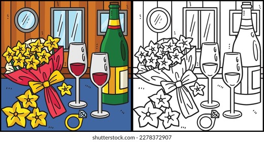Wedding Glass of Wine, Ring Flowers Illustration