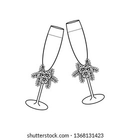 Wedding glasses with champagne outline on the white background. Vector illustration