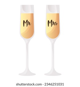 Wedding glasses of champagne, prosecco with Mr Mrs text. Holiday sparkling wine, alcohol product for celebration.Wedding day accessories, decorations.Celebrate marriage, save the date ceremony. Vector