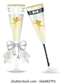 Wedding glasses. The glasses are dressed in costumes of the bride and groom 