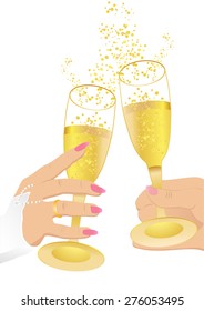 Wedding glasses and hands with champagne, vector illustration