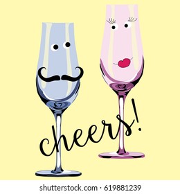 Wedding glasses in male and female version. With drawn eyes, mustache and lips. Cheers! Vector illustration on light yellow background