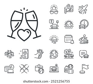 Signo de gafas de Boda. Avión jet, mapa de viaje e íconos del contorno del Reclamo de equipaje. Icono de la línea de champán del amor. Símbolo de relaciones de pareja. Signo de línea de gafas de Boda. Alquiler de coches, icono de transporte de taxi. Vector