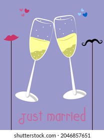 Wedding glasses with text. Vector illustration for postcards, invitations and design.