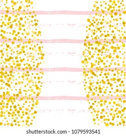 Wedding glitter confetti with dots on pink stripes. Falling sequins with shimmer and sparkles. Design with gold wedding glitter for party invitation, event banner, flyer, birthday card.