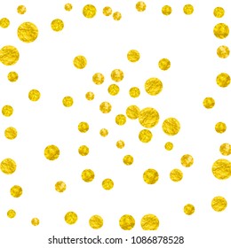 Wedding glitter confetti with dots on isolated backdrop. Shiny falling sequins with shimmer and sparkles. Design with gold wedding glitter for party invitation, event banner, flyer, birthday card.