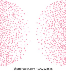 Wedding glitter confetti with dots on isolated backdrop. Random falling sequins with glossy sparkles. Design with pink wedding glitter for party invitation, event banner, flyer, birthday card.