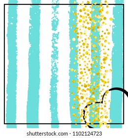 Wedding glitter confetti with dots on turquoise stripes. Random falling sequins with glossy sparkles. Design with gold wedding glitter for party invitation, event banner, flyer, birthday card.