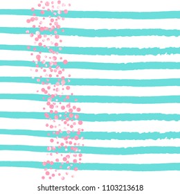 Wedding glitter confetti with dots on turquoise stripes. Shiny random falling sequins with shimmer. Design with pink wedding glitter for party invitation, event banner, flyer, birthday card.