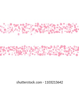 Wedding glitter confetti with dots on isolated backdrop. Shiny random falling sequins with sparkles. Design with pink wedding glitter for party invitation, banner, greeting card, bridal shower.