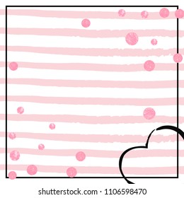 Wedding glitter confetti with dots on pink stripes. Sequins with metallic shimmer and sparkles. Template with pink wedding glitter for greeting card, bridal shower and save the date invite.
