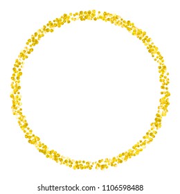 Wedding glitter confetti with dots on isolated backdrop. Random falling sequins with glossy sparkles. Design with gold wedding glitter for greeting card, bridal shower and save the date invite.