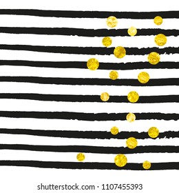 Wedding glitter confetti with dots on black stripes. Falling sequins with metallic shimmer. Template with gold wedding glitter for party invitation, bridal shower and save the date invite.