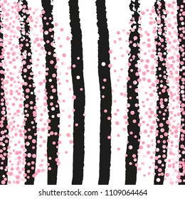 Wedding glitter confetti with dots on black stripes. Falling sequins with glossy sparkles. Design with pink wedding glitter for party invitation, bridal shower and save the date invite.