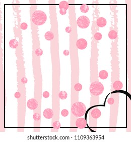 Wedding glitter confetti with dots on pink stripes. Shiny falling sequins with shimmer and sparkles. Template with pink wedding glitter for party invitation, event banner, flyer, birthday card.