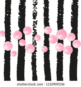 Wedding glitter confetti with dots on black stripes. Shiny falling sequins with shimmer and sparkles. Template with pink wedding glitter for party invitation, banner, greeting card, bridal shower.