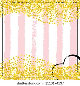 Wedding glitter confetti with dots on pink stripes. Shiny random sequins with metallic sparkles. Template with gold wedding glitter for party invitation, banner, greeting card, bridal shower.