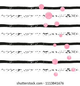 Wedding glitter confetti with dots on black stripes. Sequins with metallic shimmer and sparkles. Template with pink wedding glitter for party invitation, event banner, flyer, birthday card.