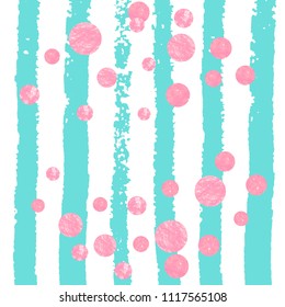 Wedding glitter confetti with dots on turquoise stripes. Shiny random falling sequins with shimmer. Design with pink wedding glitter for party invitation, event banner, flyer, birthday card.