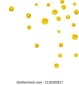 Wedding glitter confetti with dots on isolated backdrop. Shiny random sequins with metallic sparkles. Design with gold wedding glitter for party invitation, event banner, flyer, birthday card.