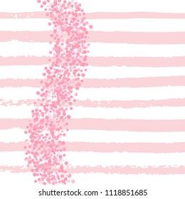 Wedding glitter confetti with dots on pink stripes. Sequins with metallic shimmer and sparkles. Design with pink wedding glitter for party invitation, bridal shower and save the date invite.