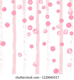 Wedding glitter confetti with dots on pink stripes. Falling sequins with metallic shimmer. Template with pink wedding glitter for party invitation, banner, greeting card, bridal shower.