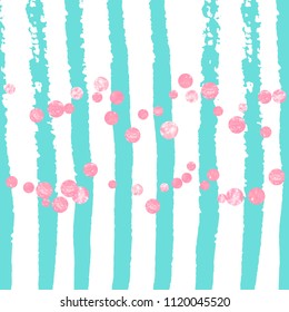Wedding glitter confetti with dots on turquoise stripes. Sequins with metallic shimmer and sparkles. Design with pink wedding glitter for party invitation, banner, greeting card, bridal shower.
