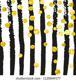 Wedding glitter confetti with dots on black stripes. Random falling sequins with metallic shimmer. Template with gold wedding glitter for party invitation, banner, greeting card, bridal shower.