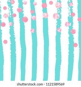 Wedding glitter confetti with dots on turquoise stripes. Falling sequins with metallic shimmer. Design with pink wedding glitter for greeting card, bridal shower and save the date invite.
