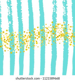 Wedding glitter confetti with dots on turquoise stripes. Shiny random falling sequins with sparkles. Design with gold wedding glitter for greeting card, bridal shower and save the date invite.