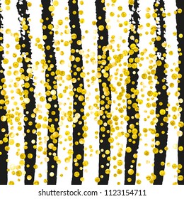 Wedding glitter confetti with dots on black stripes. Falling sequins with glossy sparkles. Design with gold wedding glitter for party invitation, event banner, flyer, birthday card.