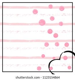 Wedding glitter confetti with dots on pink stripes. Shiny random sequins with metallic sparkles. Design with pink wedding glitter for party invitation, event banner, flyer, birthday card.