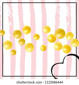 Wedding glitter confetti with dots on pink stripes. Random falling sequins with metallic shimmer. Template with gold wedding glitter for party invitation, event banner, flyer, birthday card.
