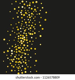 Wedding glitter confetti with dots on isolated backdrop. Random falling sequins with metallic shimmer. Design with gold wedding glitter for party invitation, banner, greeting card, bridal shower.