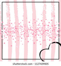 Wedding glitter confetti with dots on pink stripes. Random falling sequins with metallic shimmer. Design with pink wedding glitter for party invitation, event banner, flyer, birthday card.