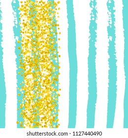Wedding glitter confetti with dots on turquoise stripes. Sequins with metallic shimmer and sparkles. Design with gold wedding glitter for greeting card, bridal shower and save the date invite.