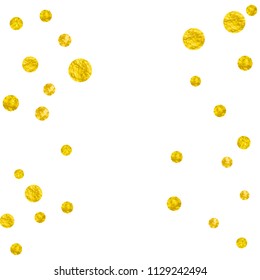 Wedding glitter confetti with dots on isolated backdrop. Shiny random falling sequins with sparkles. Design with gold wedding glitter for greeting card, bridal shower and save the date invite.