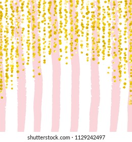 Wedding glitter confetti with dots on pink stripes. Shiny random sequins with metallic sparkles. Template with gold wedding glitter for party invitation, bridal shower and save the date invite.