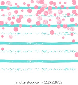 Wedding glitter confetti with dots on turquoise stripes. Sequins with metallic shimmer and sparkles. Design with pink wedding glitter for greeting card, bridal shower and save the date invite.