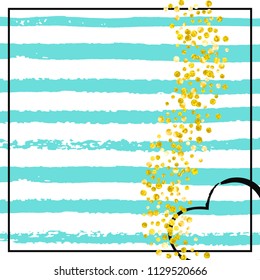 Wedding glitter confetti with dots on turquoise stripes. Falling sequins with shimmer and sparkles. Design with gold wedding glitter for greeting card, bridal shower and save the date invite.