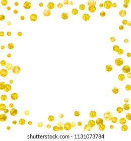 Wedding glitter confetti with dots on isolated backdrop. Shiny random sequins with metallic sparkles. Design with gold wedding glitter for party invitation, event banner, flyer, birthday card.