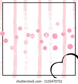 Wedding glitter confetti with dots on pink stripes. Shiny random falling sequins with shimmer. Design with pink wedding glitter for party invitation, banner, greeting card, bridal shower.