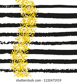 Wedding glitter confetti with dots on black stripes. Shiny random sequins with metallic sparkles. Design with gold wedding glitter for greeting card, bridal shower and save the date invite.