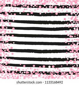 Wedding glitter confetti with dots on black stripes. Falling sequins with metallic shimmer. Template with pink wedding glitter for party invitation, banner, greeting card, bridal shower.
