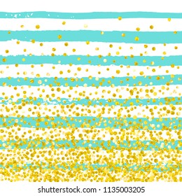 Wedding glitter confetti with dots on turquoise stripes. Shiny falling sequins with shimmer and sparkles. Design with gold wedding glitter for greeting card, bridal shower and save the date invite.