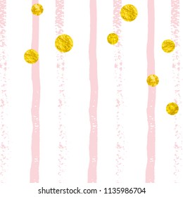 Wedding glitter confetti with dots on pink stripes. Shiny random sequins with metallic sparkles. Template with gold wedding glitter for party invitation, bridal shower and save the date invite.